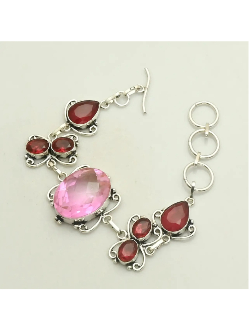 Pink Topaz & Red Garnet Gemstone 925 Silver Plated Bracelet NWT